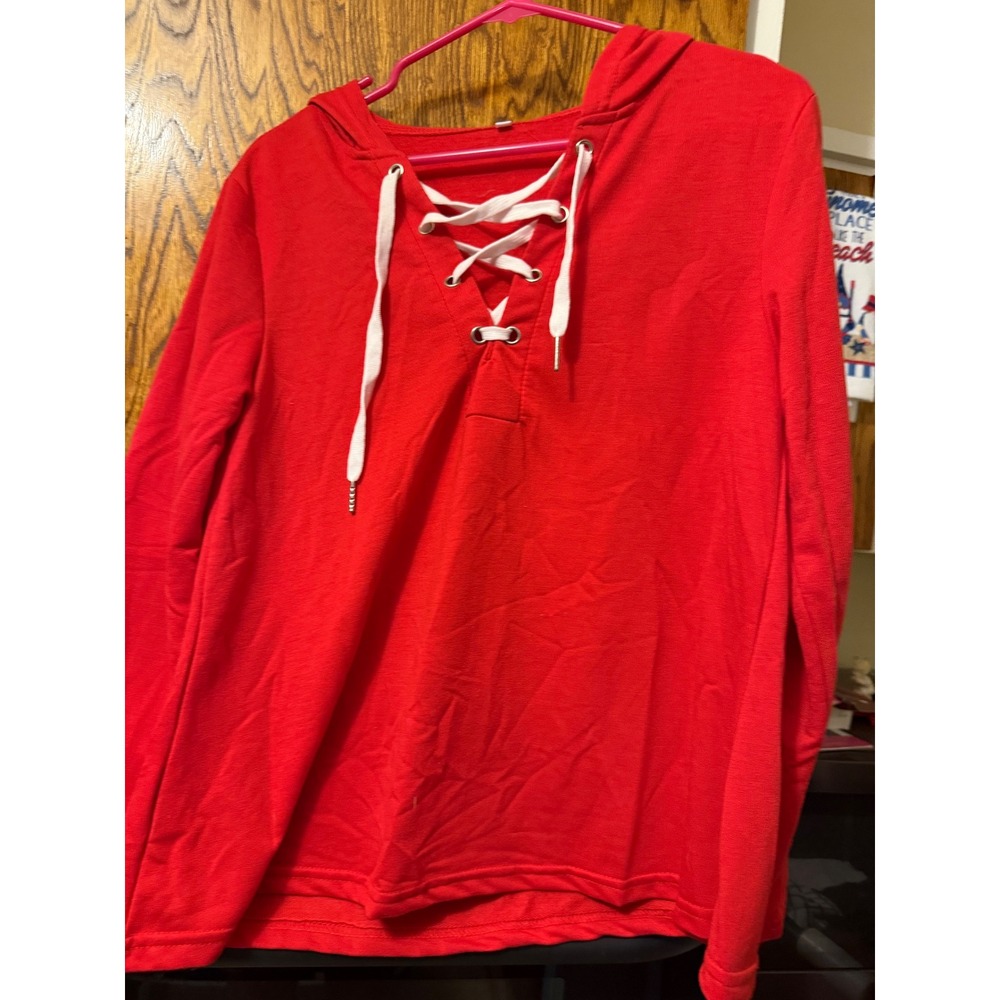 Red Lace Up Hoodie Women Medium Long Sleeve French Terry Pullover Sweatshirt